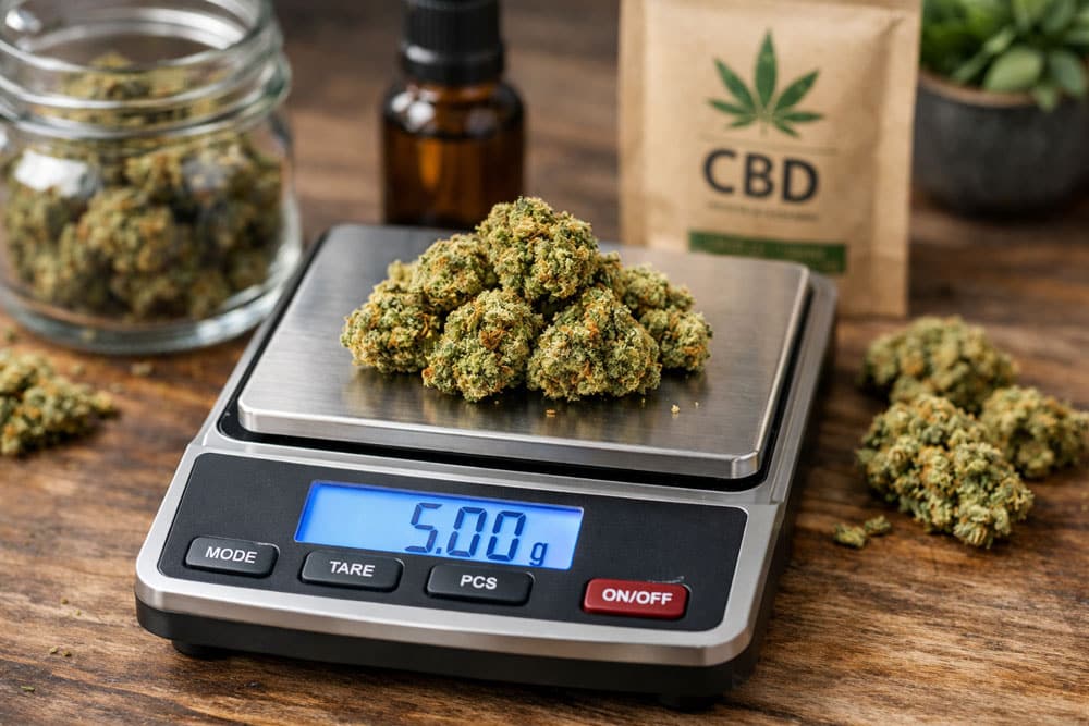 Balance de précision en train de peser une quantité exacte de fleurs de CBD.