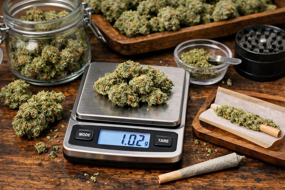 Fleurs de CBD de haute qualité prêtes à être pesées pour un joint.