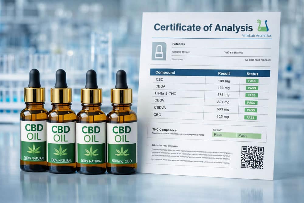 Flacons d'huile de CBD alignés à côté d'un certificat d'analyse de laboratoire