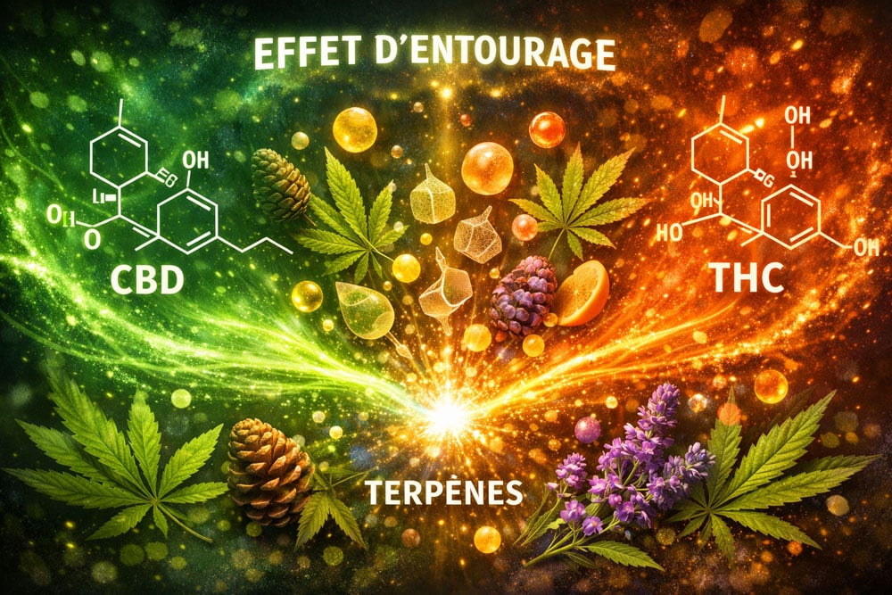 Molécules de CBD, THC et terpènes interagissant pour créer l'effet d'entourage.