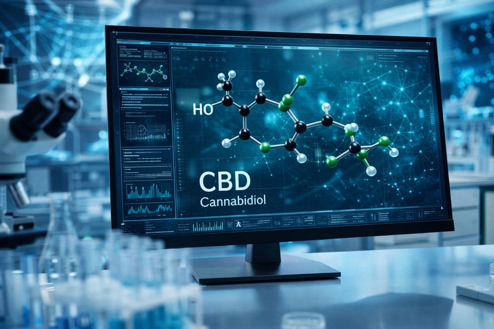 Structure moléculaire du CBD affichée sur un écran de laboratoire high-tech