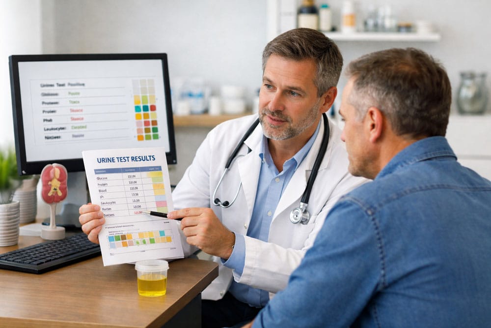 Un professionnel de la santé expliquant les résultats d'un test urinaire à un patient