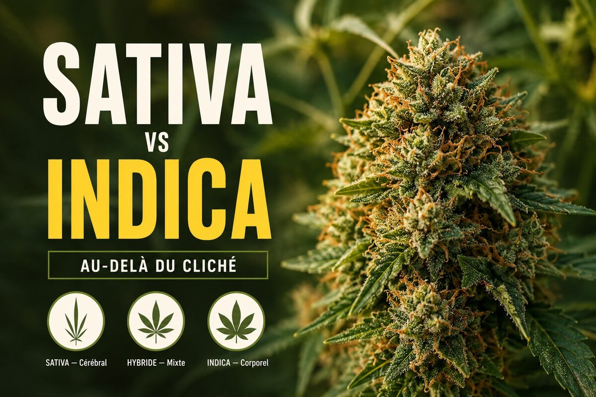 Bannière éditoriale Sativa vs Indica avec bourgeon CBD macro et profils d'effet caractéristiques