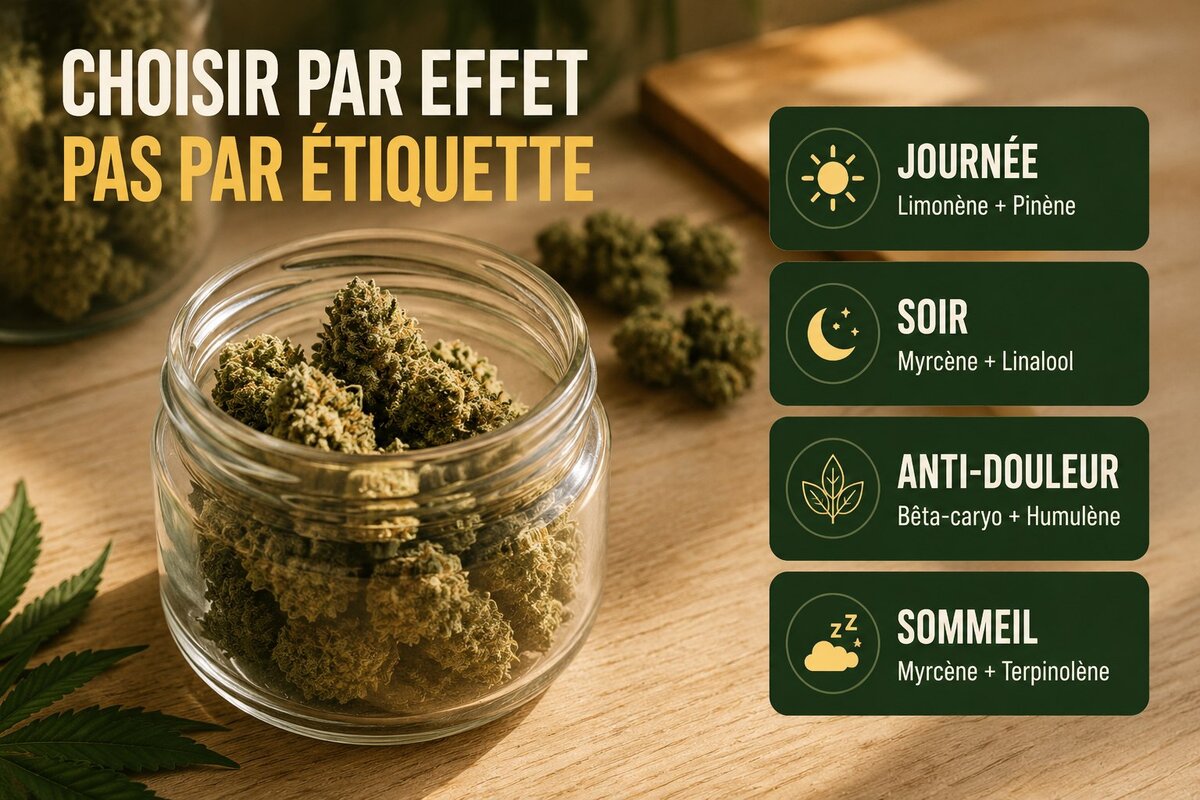 Pot de fleur CBD avec quatre profils d'effet recommandés selon usage