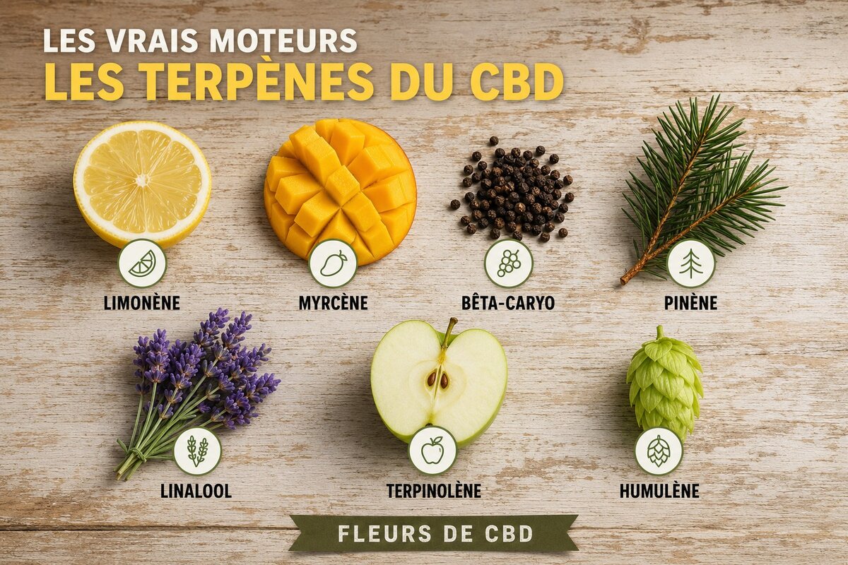 Les sept terpènes principaux du CBD illustrés par leurs molécules aromatiques de référence